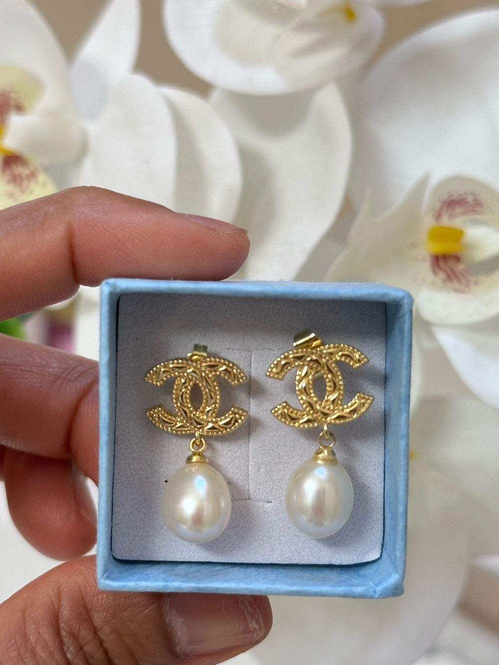 Gold Pearl Drop Earrings - Designer-Inspired Double C Motif